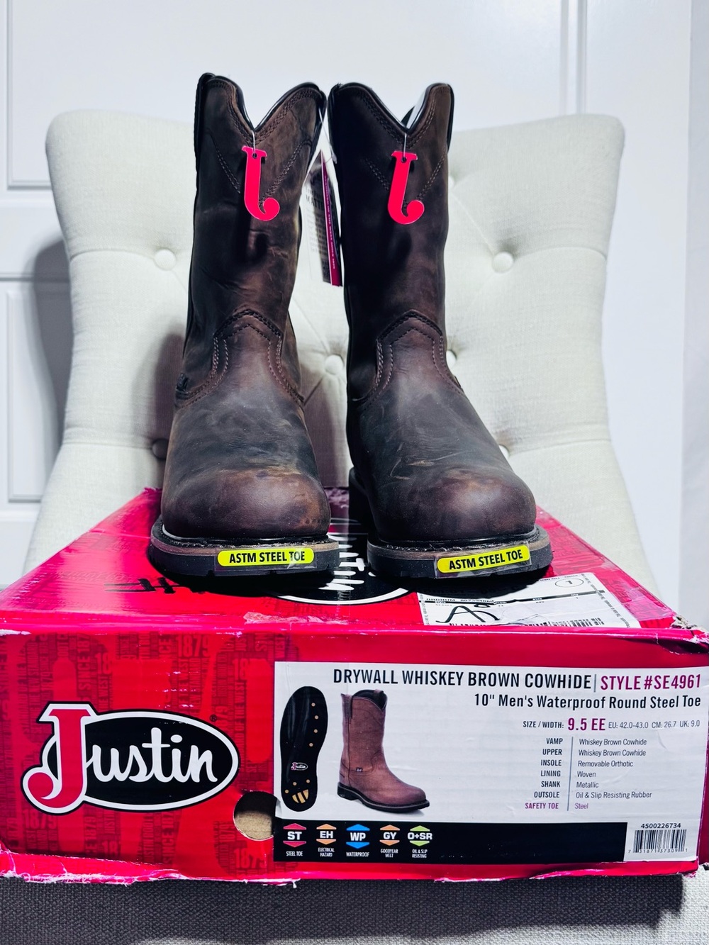 NWT Justin Drywall Whiskey Brown Cowhide Round Steel Toe Boots size 9.5 EE